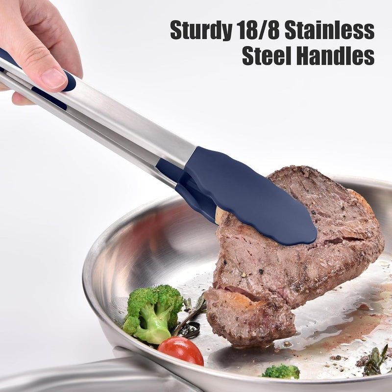 Doosu Kitchen Tongs for Cooking - 600°F Heat Resistant Food Tong Set with Non-Scratch Silicone Tips, Heavy Duty Stainless Steel Locking Tong for BBQ, Grilling Steak, Serving (7+9+12in, Navy Blue) - Image 4